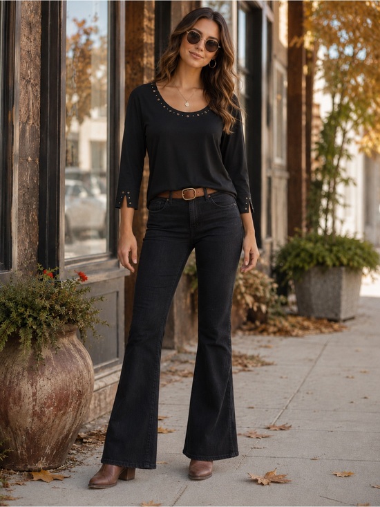 Tribal Tops - Tribal Black Grommet Studded Scoop Neck 3/4 Sleeve Stretch Top L